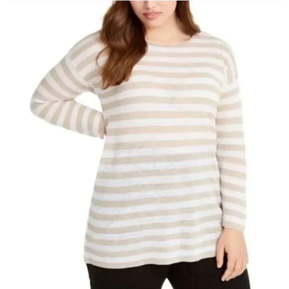 Eileen Fisher Organic Linen and Cotton Sweater Tan White Stripe XL - Picture 2 of 6